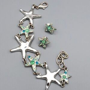 St Thomas Silver Tone Starfish Bracelet and Earrings Set Blue Green Rhinestone